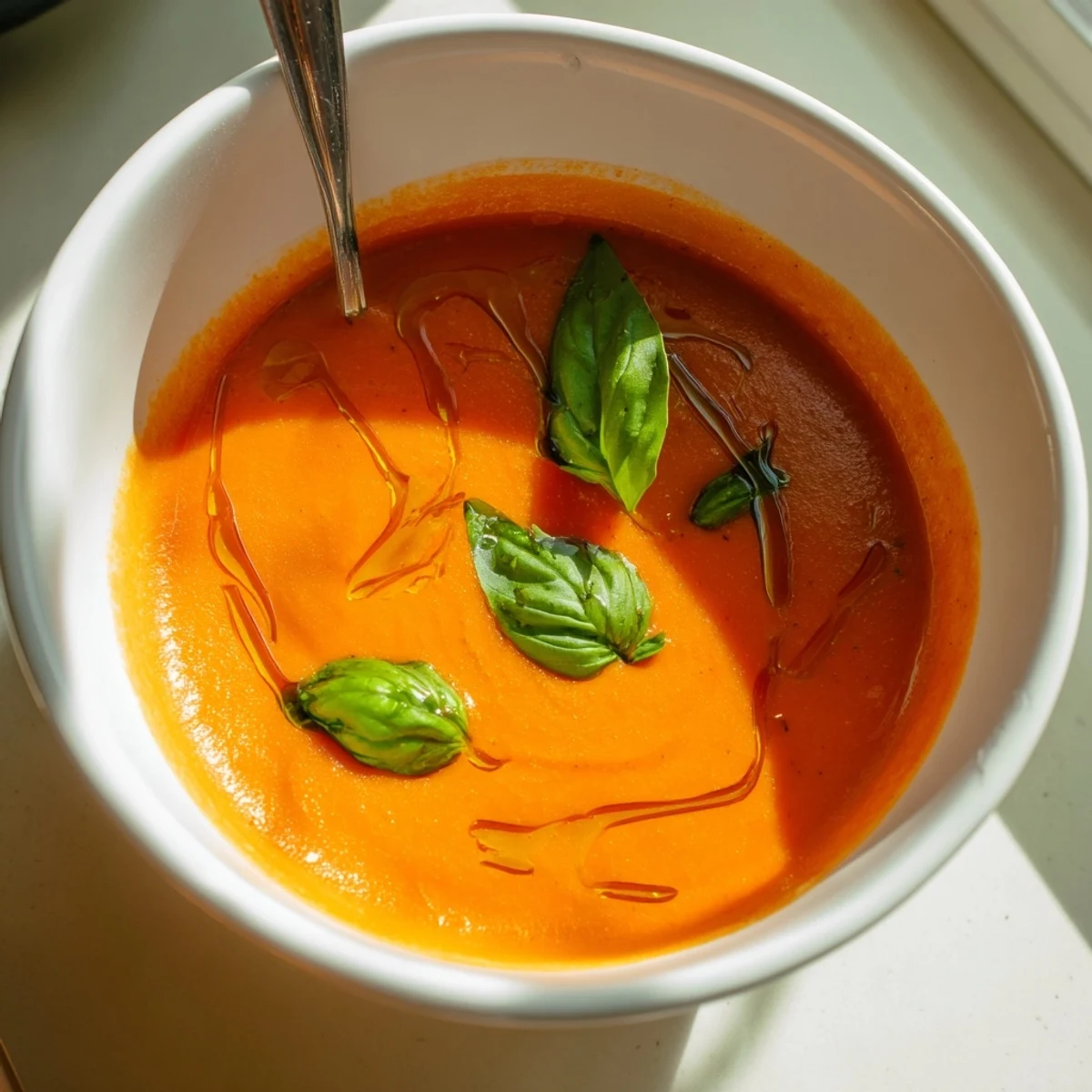 A steaming bowl of Tomato and Basil Soup garnished with fresh basil leaves and a swirl of olive oil.
