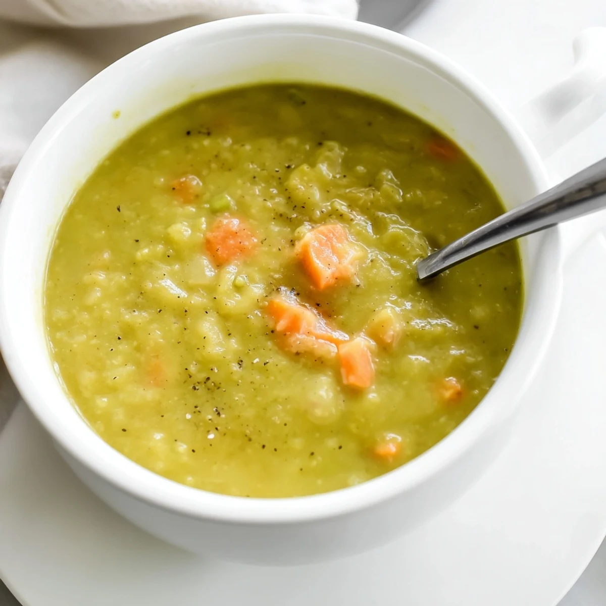 Steaming Split Pea Soup in a rustic ceramic bowl, featuring diced carrots and potatoes in a rich, savory broth.