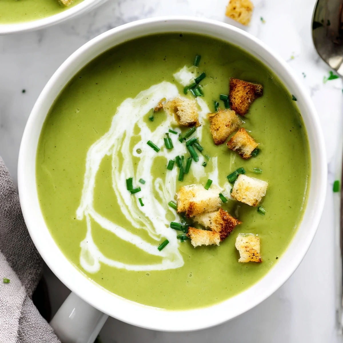 A comforting bowl of creamy broccoli soup, bright green and rich.