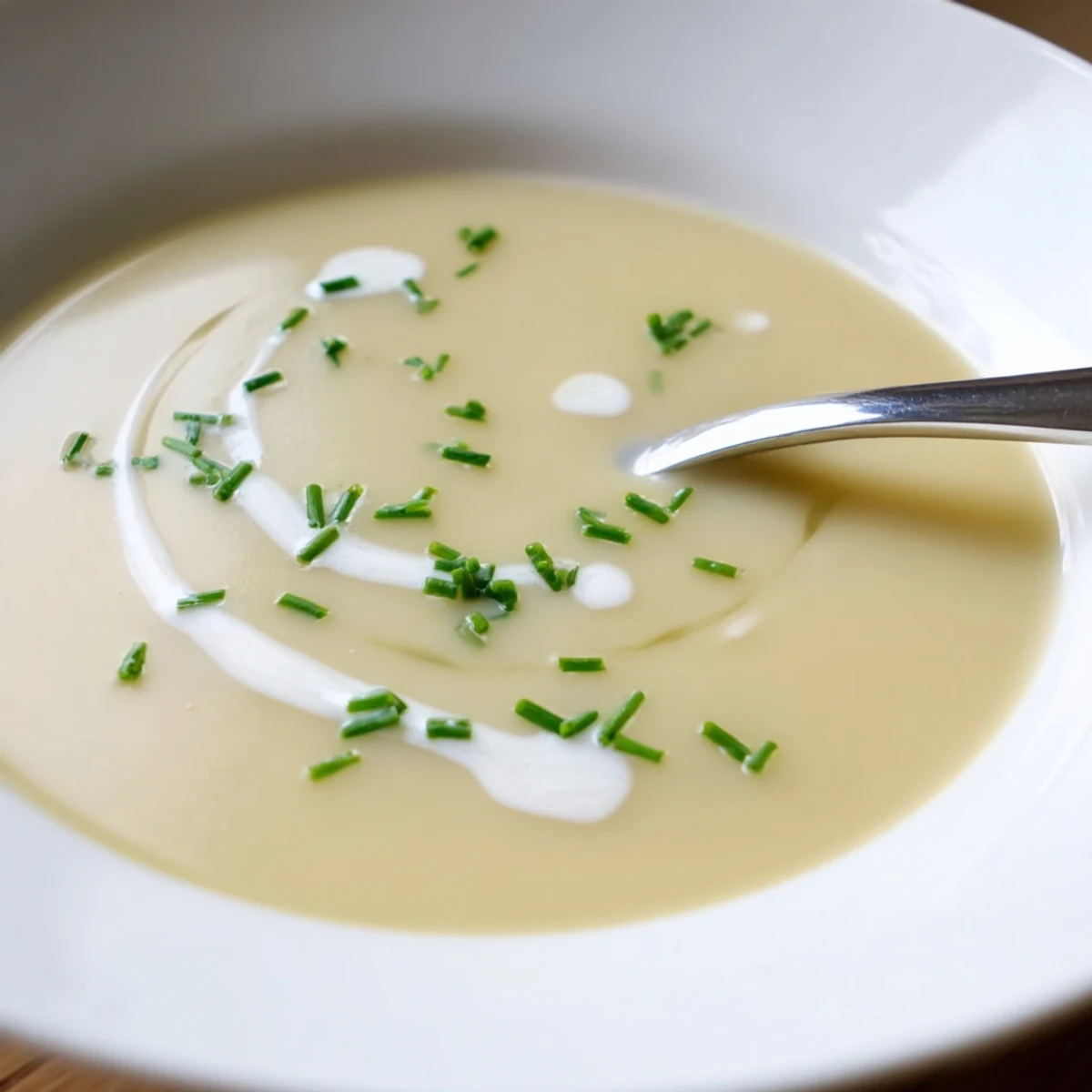 Creamy celery root bisque with fresh chives and a drizzle of cream, served in a rustic white bowl.