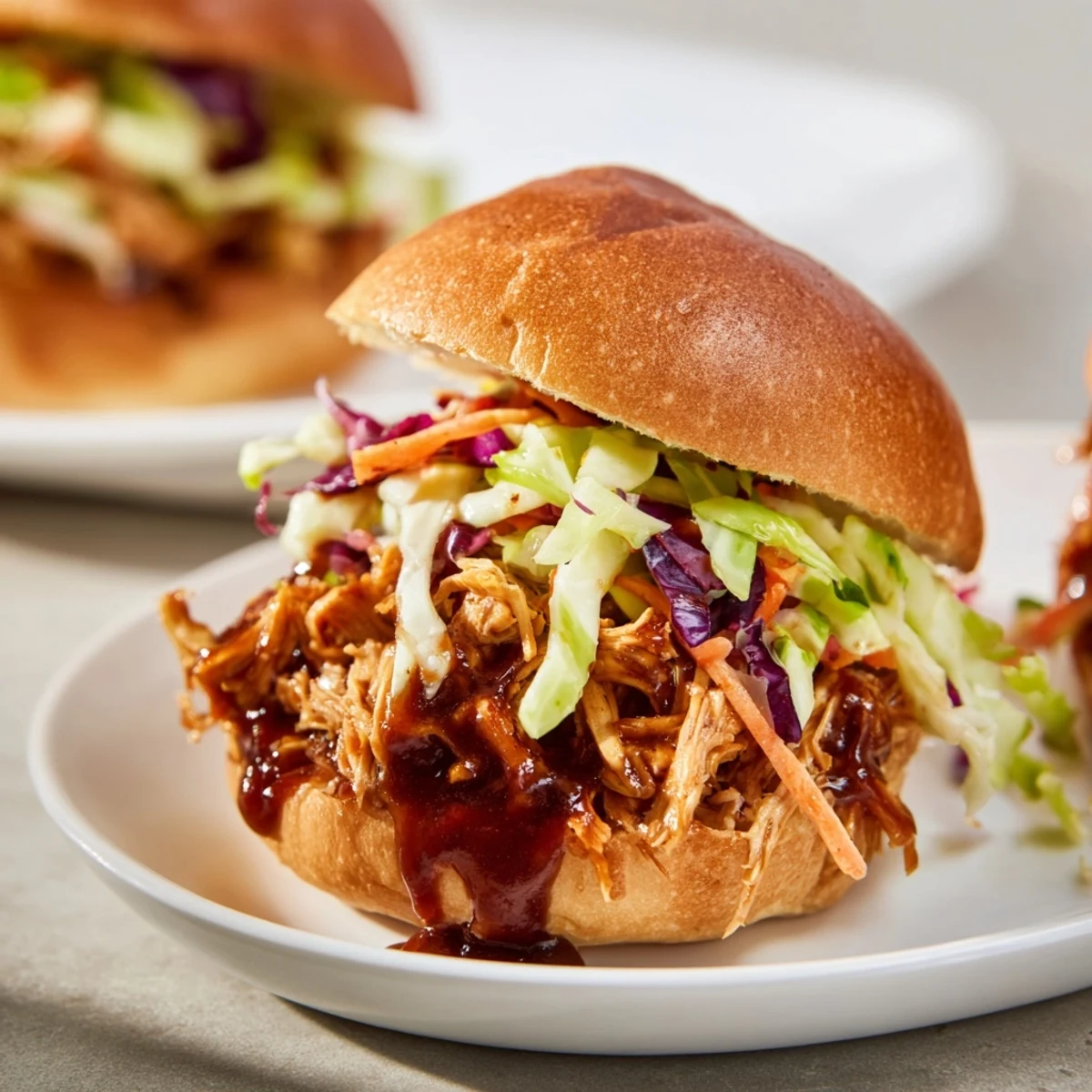 Golden-toasted mini buns stuffed with slow-cooked BBQ Chicken Sliders, topped with creamy, crunchy coleslaw for the perfect bite.
