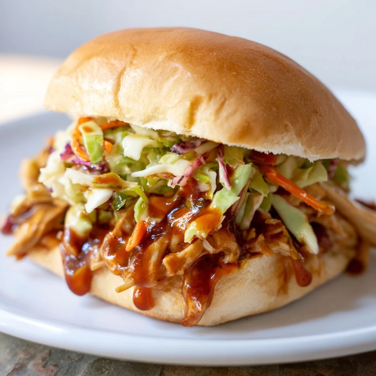Tender pulled BBQ Chicken Sliders served on a platter, garnished with extra sauce and herbs for a family dinner.