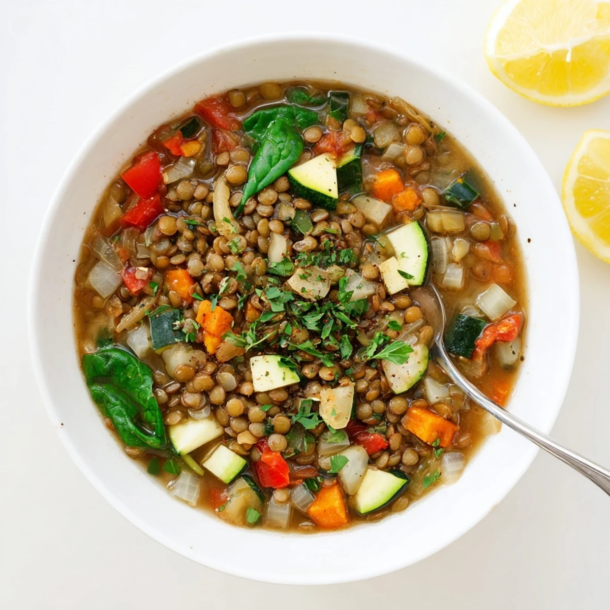A steaming bowl of hearty Lentil and Vegetable Soup garnished with fresh parsley and lemon wedges.