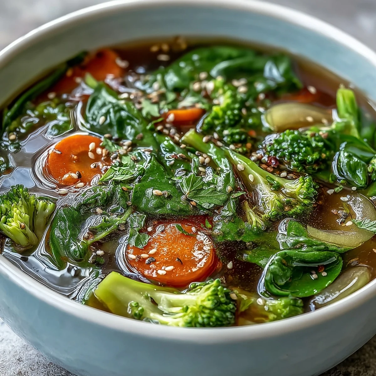 Healing Collagen-Boosting Broth Bowl served with zucchini and broccoli florets, perfect for a comforting, anti-inflammatory lunch or dinner.