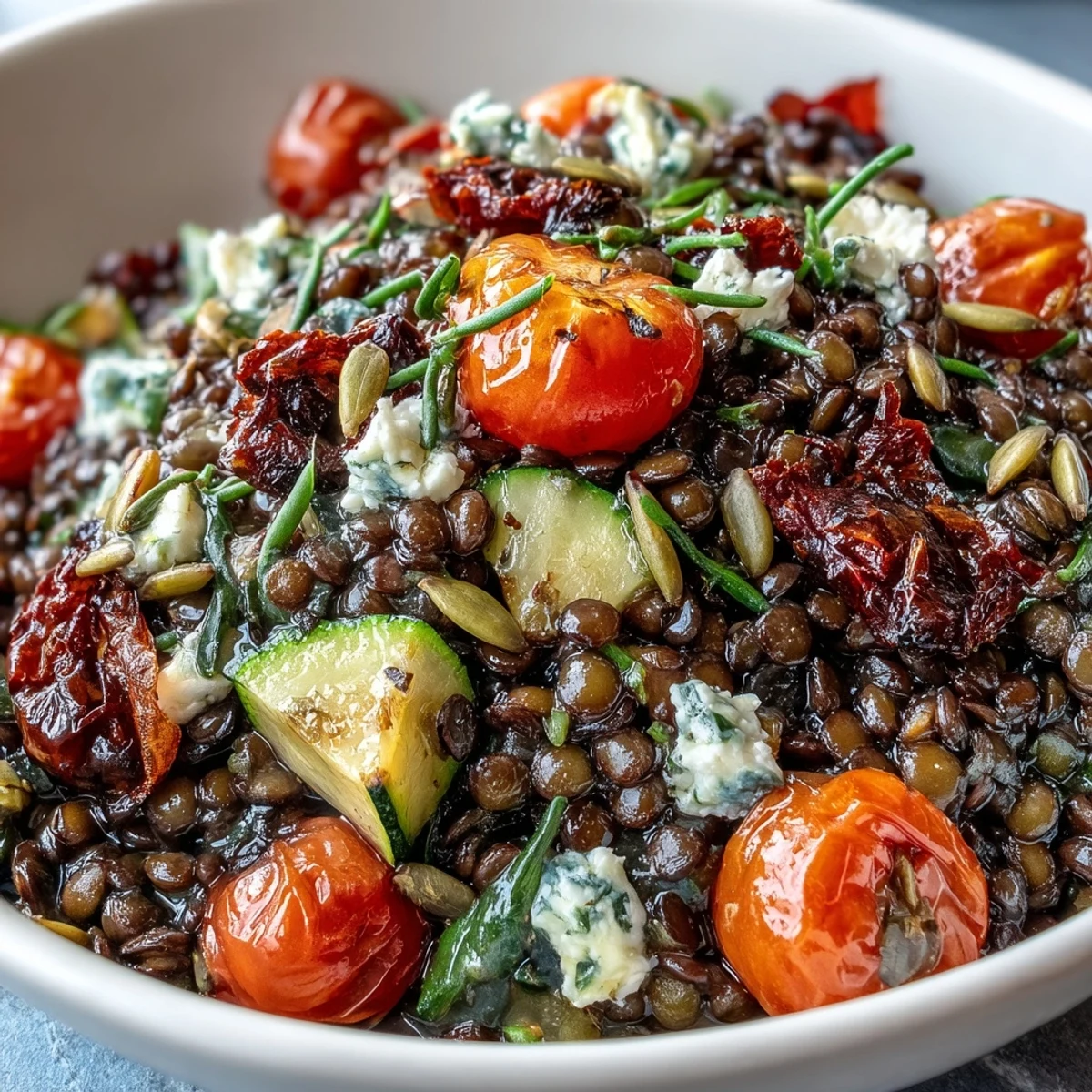 Roasted red bell peppers and zucchini sit atop Black Lentil Salad in a white bowl.