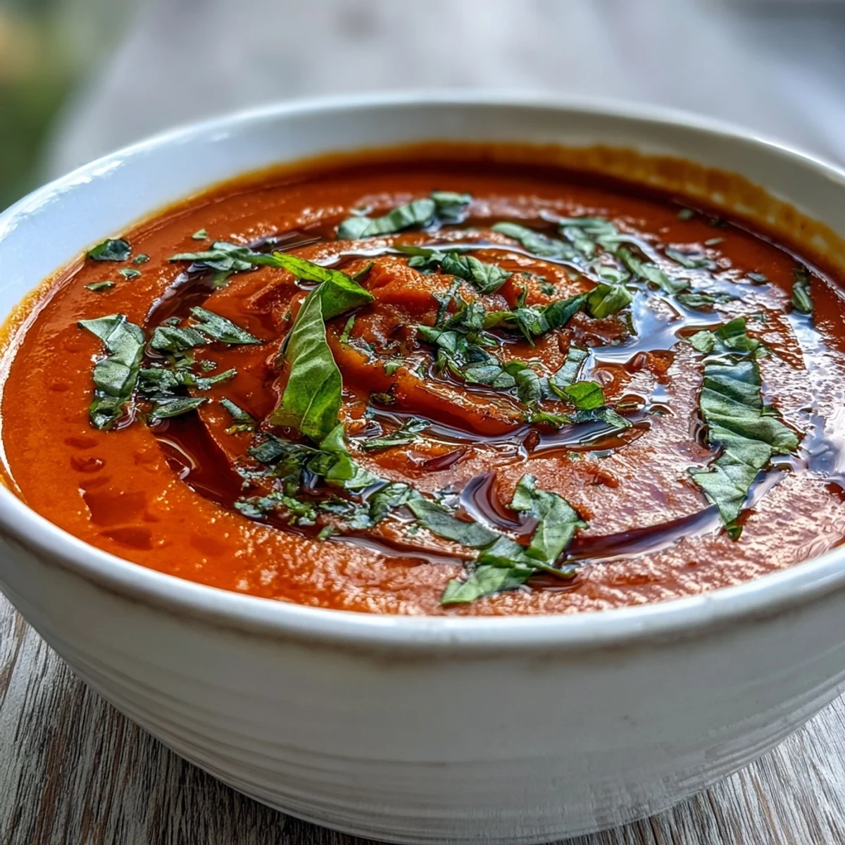 A comforting bowl of Tomato and Basil Soup paired with toasted crusty bread on a checkered tablecloth for a cozy meal.
