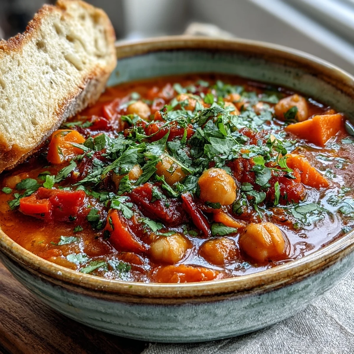A bowl of Spicy Chickpea Stew garnished with fresh cilantro and a lemon wedge, steaming warmly in a rustic ceramic bowl.