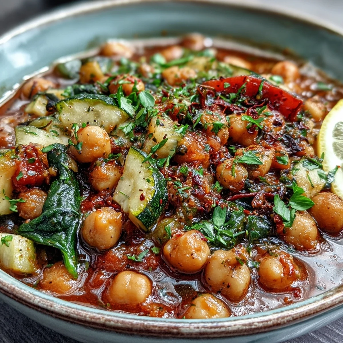 Steaming bowl of Chickpea Stew with vibrant vegetables and fresh parsley garnish.
