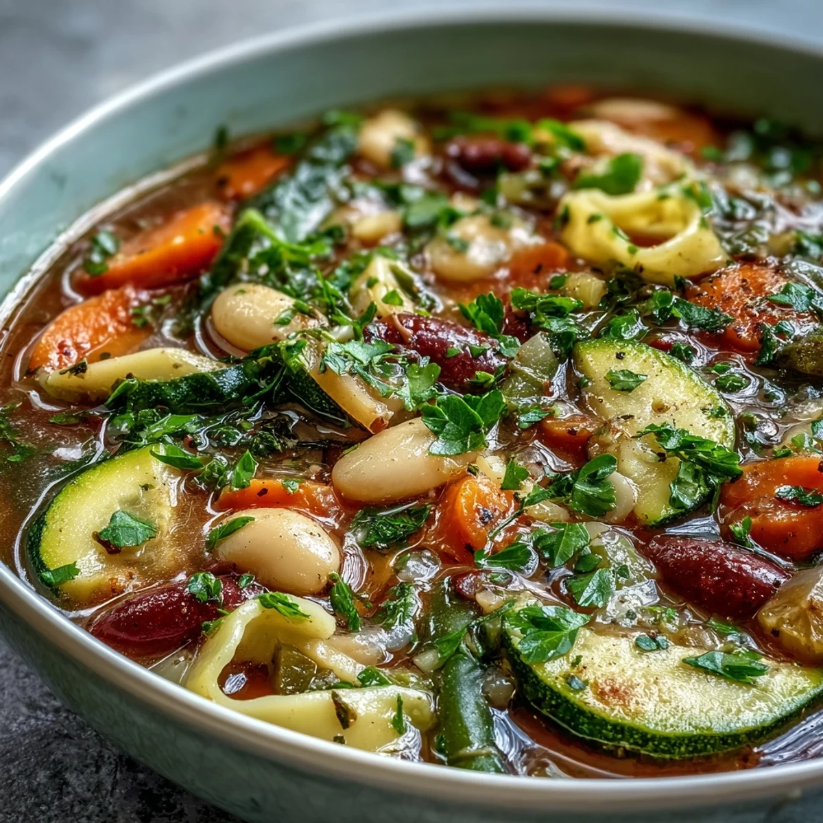 A hearty ladle of Minestrone Vegetable Soup showcases fresh spinach, diced zucchini, and a sprinkle of Parmesan cheese. 