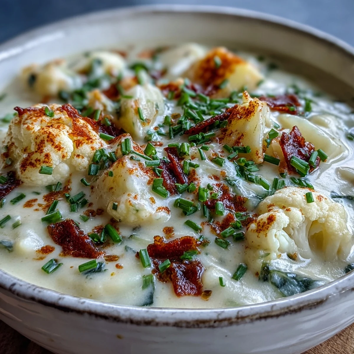 Steaming bowl of vegetarian cauliflower chowder topped with fresh chives and melted cheese.