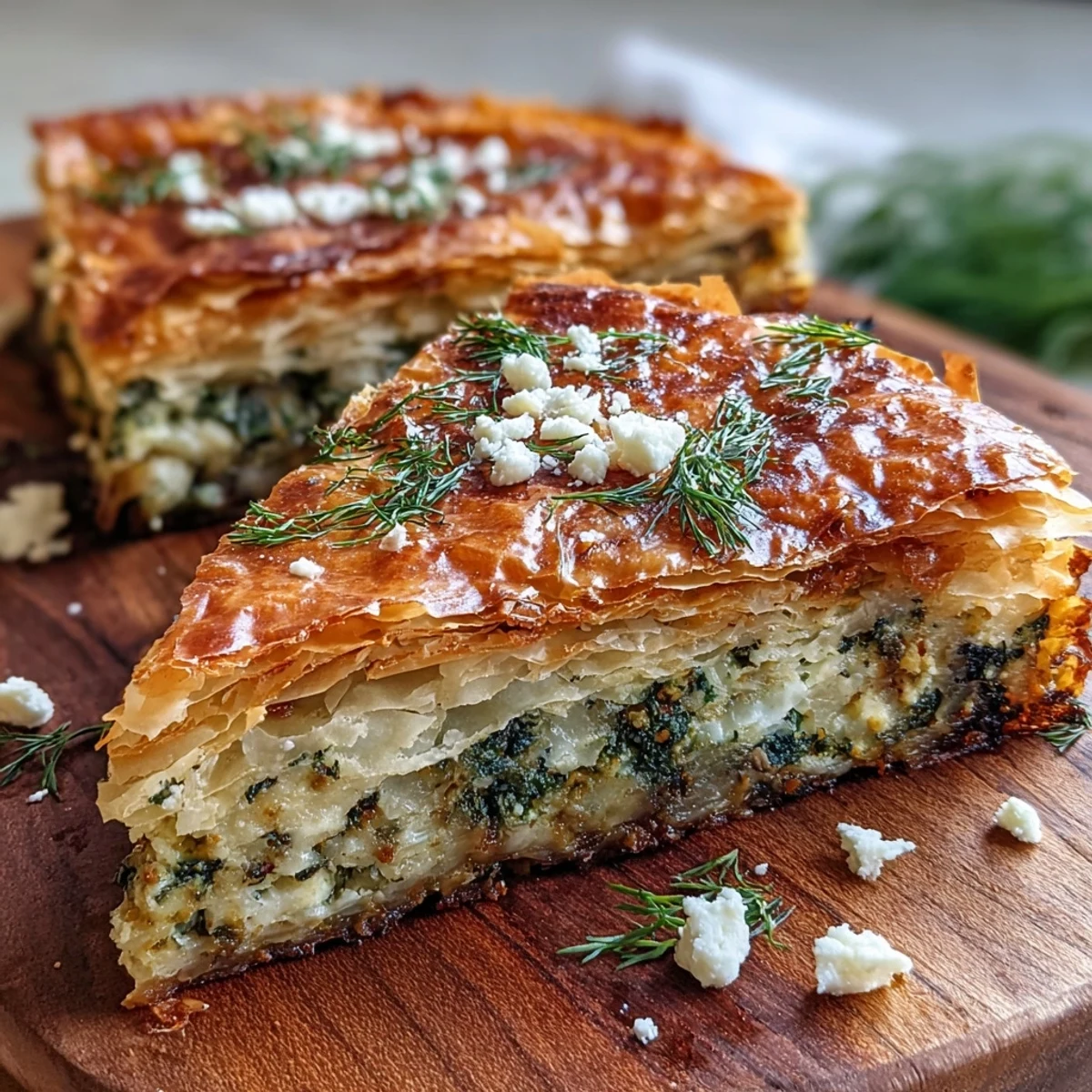A rustic slice of feta and kale börek, revealing flaky pastry and a creamy, herb-speckled filling, served warm.