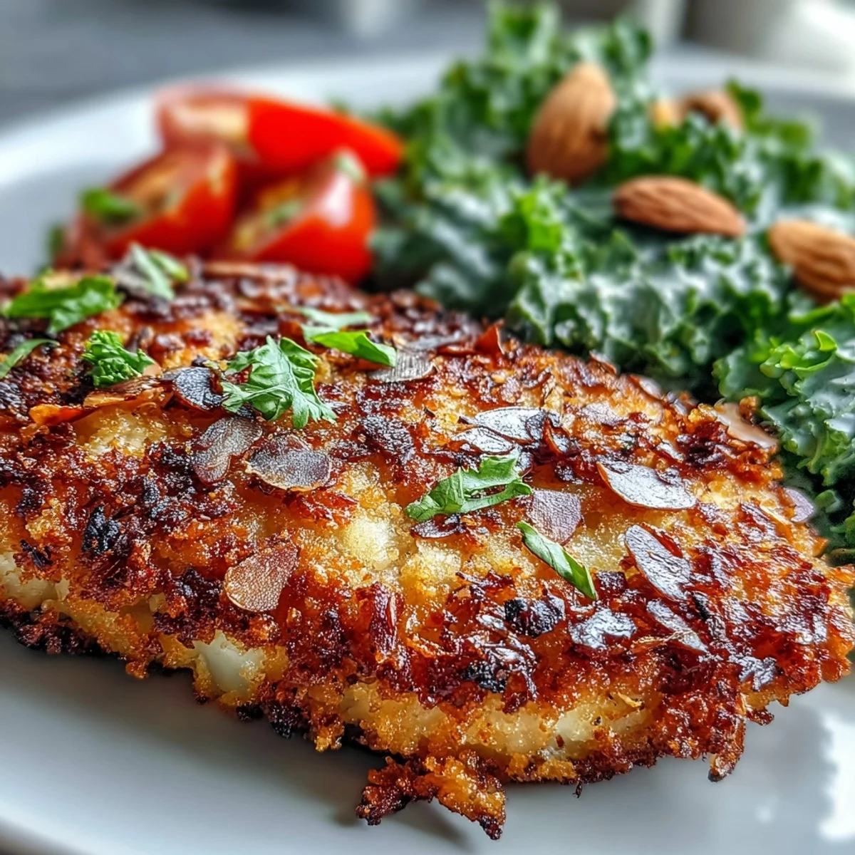 Golden almond-crusted chicken breasts rest beside a marinated kale and sumac salad, garnished with toasted slivered almonds and fresh parsley.