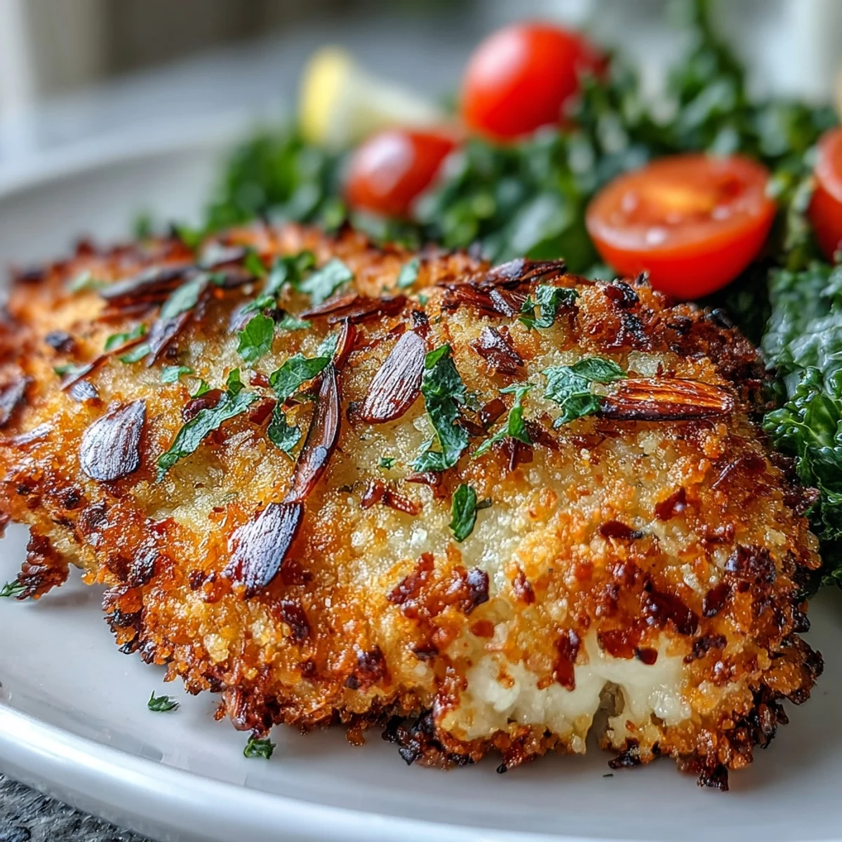 A vibrant serving of almond-crusted chicken with marinated kale and sumac salad, featuring juicy tomatoes and thinly sliced red onion.