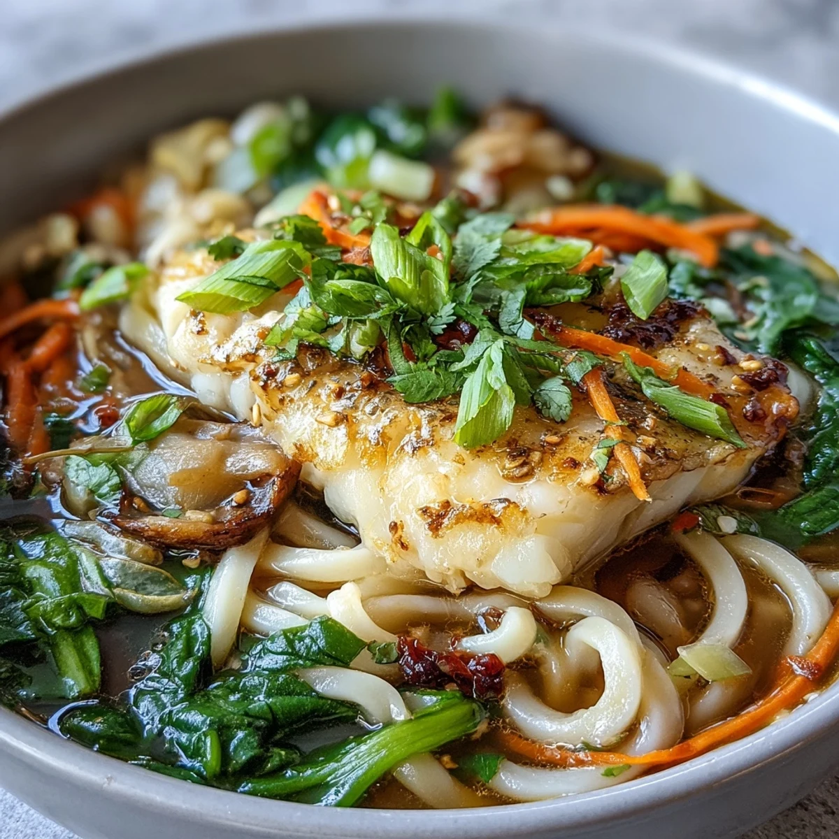 Ready to serve poached cod with spiced coconut broth and udon noodles, garnished with fresh herbs.