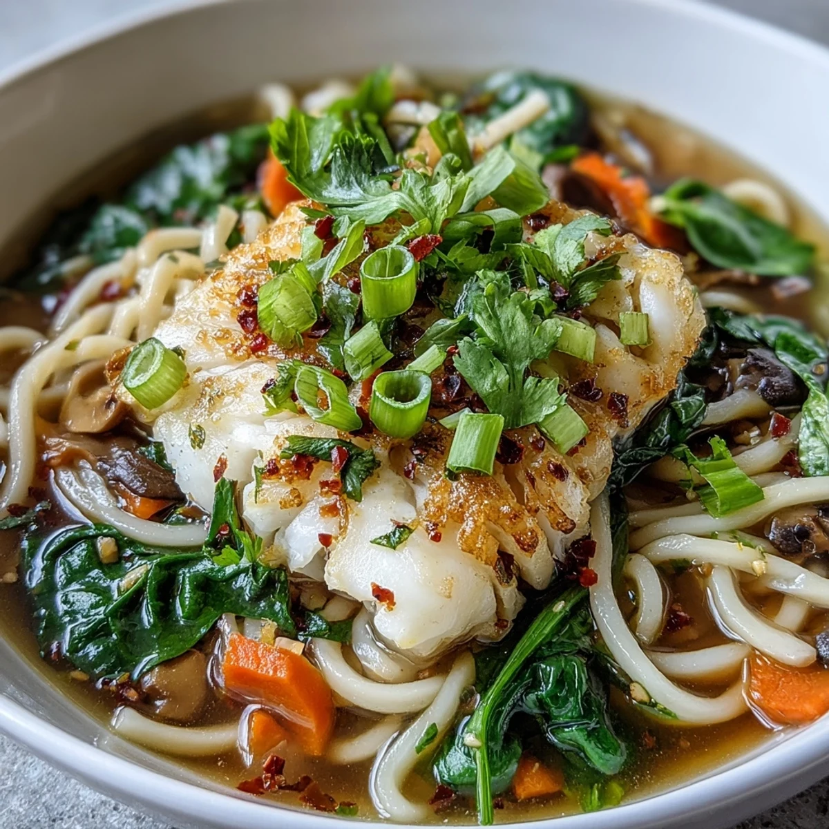 Silky udon noodles and tender poached cod in a spiced coconut broth with vibrant veggies.