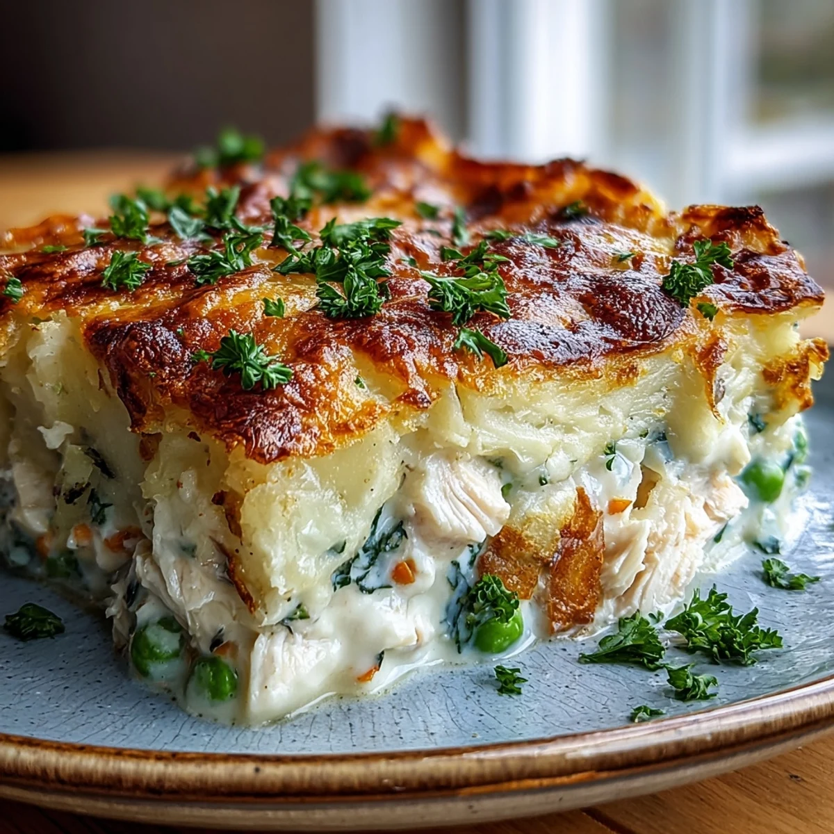 A rich, bubbling curried fish pie with a golden potato crust, served as a hearty main dish on a rustic table.