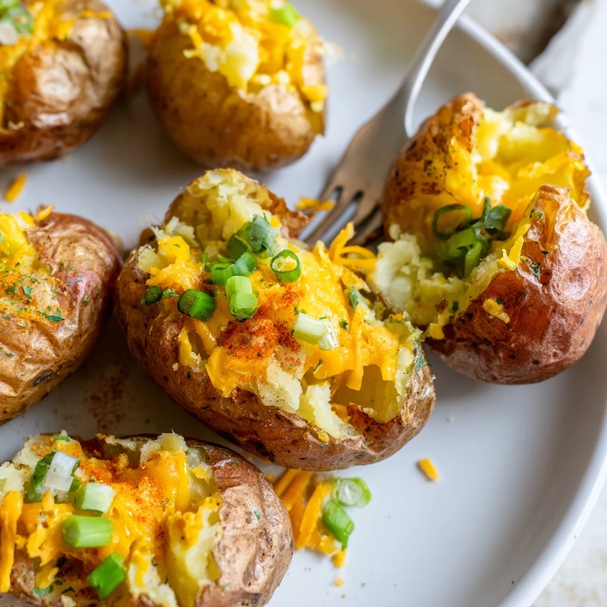 Crispy Smashed Green Onion Potato Bombs topped with melted cheese and fresh herbs.  