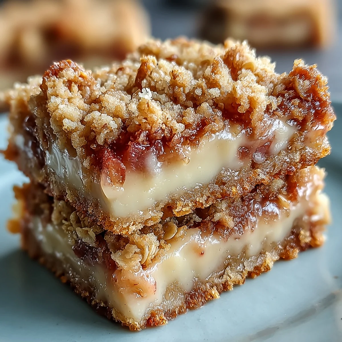 Freshly baked Rhubarb and Custard Crumble Bars with a golden oat topping reveal pink rhubarb filling and creamy vanilla custard layers. 