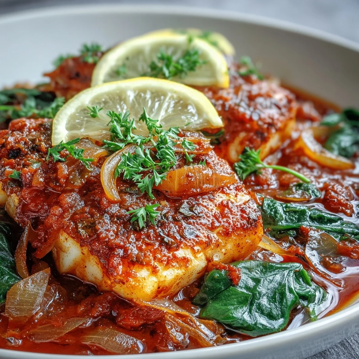 A warm bowl of Spiced Cod One Pot, featuring tender fish and vibrant bell peppers in a fragrant tomato broth.  