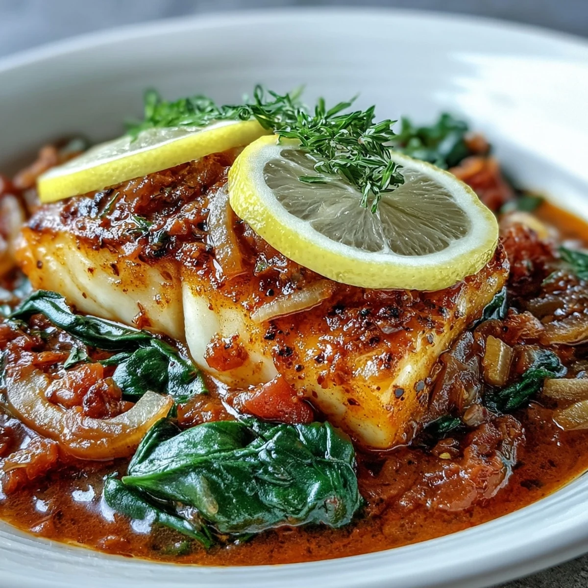 A close-up of Spiced Cod One Pot, showing flaky cod nestled in a rich, aromatic vegetable sauce.