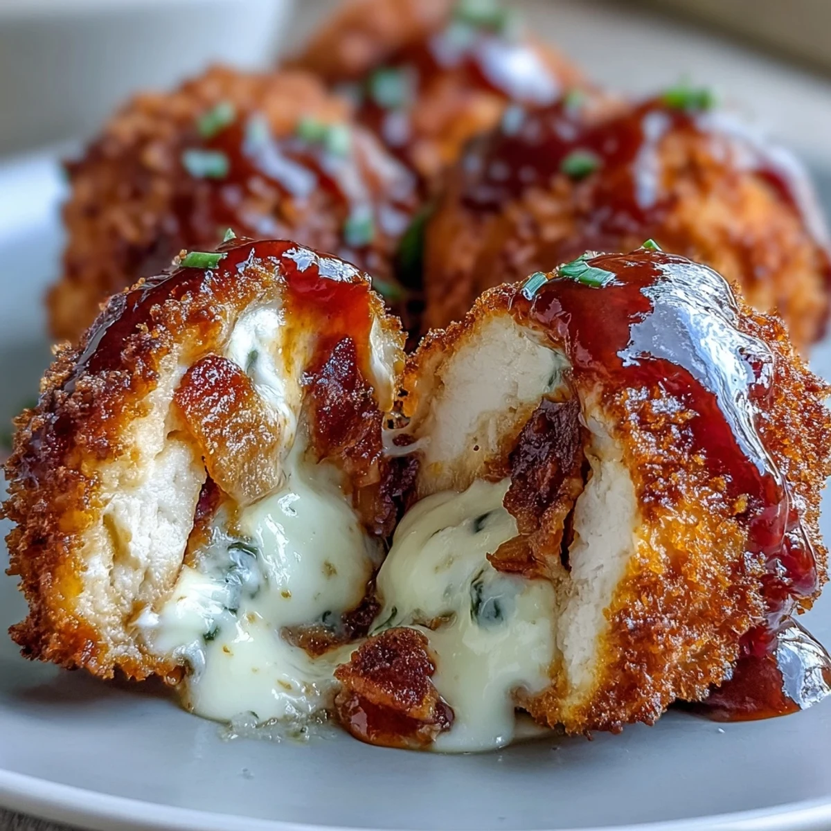 Golden-baked Buffalo Chicken Bacon Mozzarella Bombs are garnished with crumbled bacon and served with creamy ranch dip. 