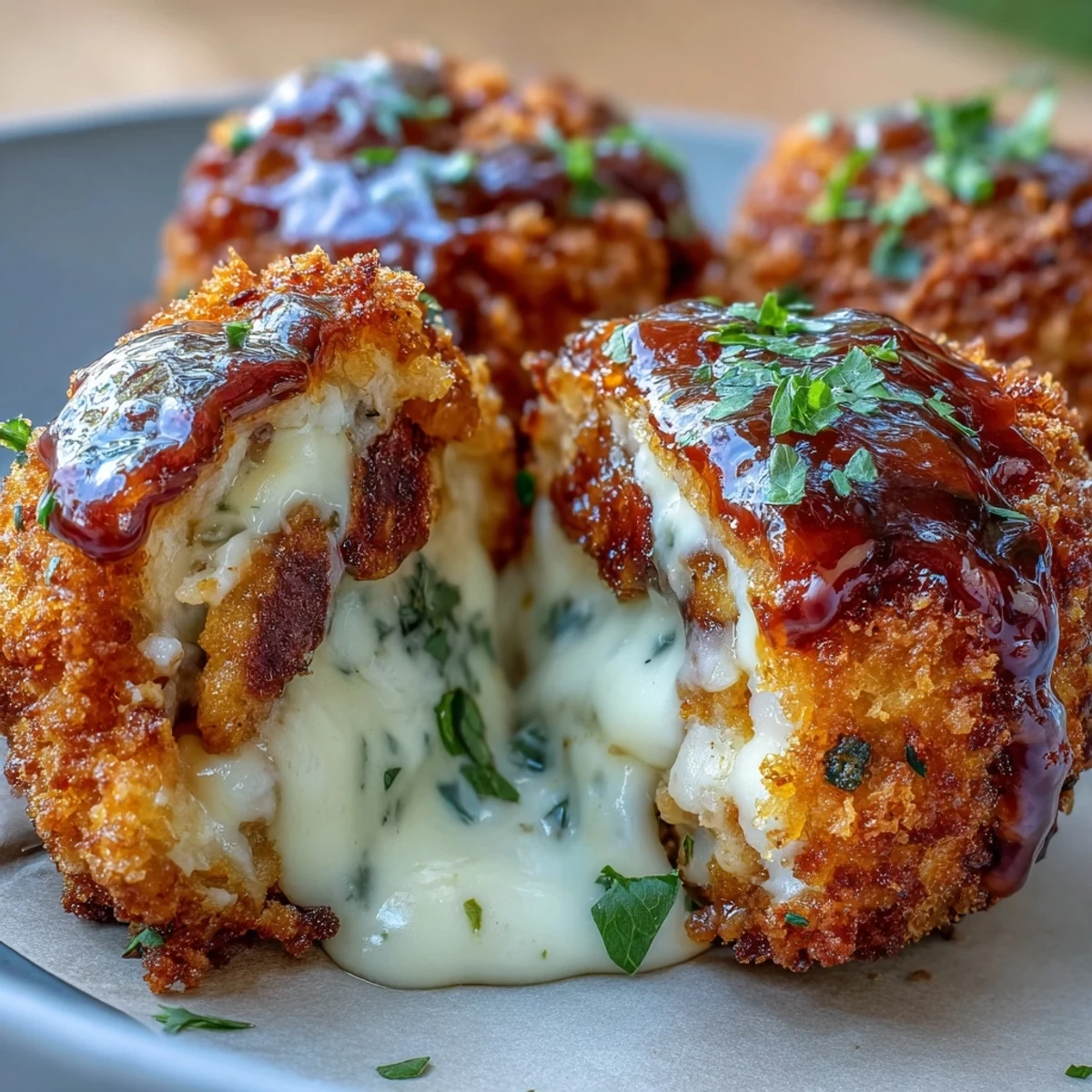 Close-up view of a Buffalo Chicken Bacon Mozzarella Bomb torn open, revealing gooey mozzarella and spicy buffalo chicken filling.