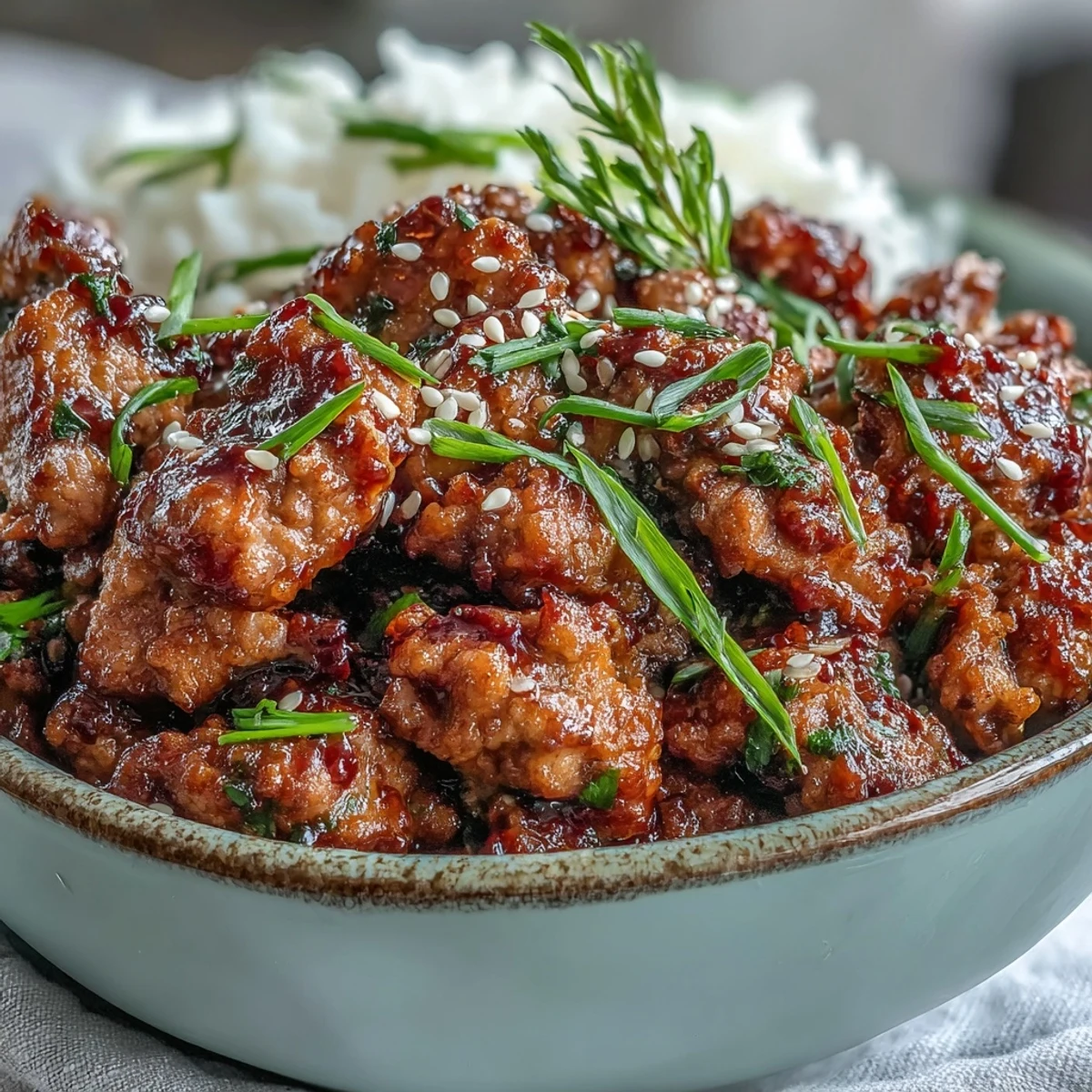 Korean-Style Ground Turkey simmered in a glossy, spicy-sweet sauce with aromatic garlic and ginger, served over fluffy steamed rice with crunchy sesame seeds.