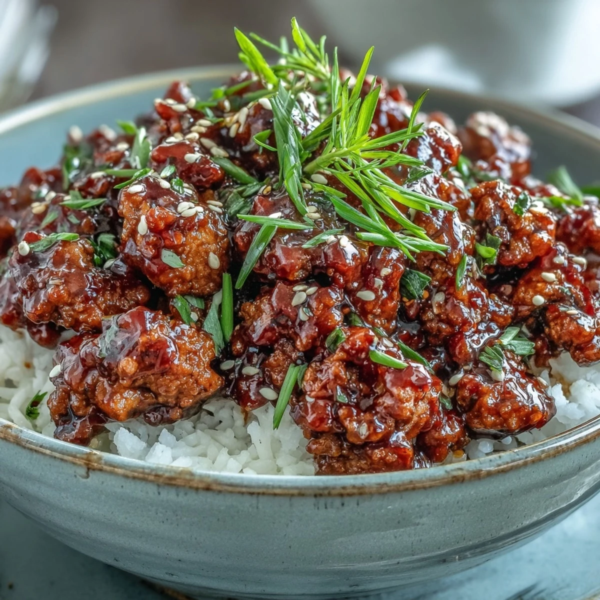 Sizzling skillet of Korean-Style Ground Turkey topped with fresh green chives and toasted sesame seeds, paired with crisp broccoli for a vibrant weeknight dinner.