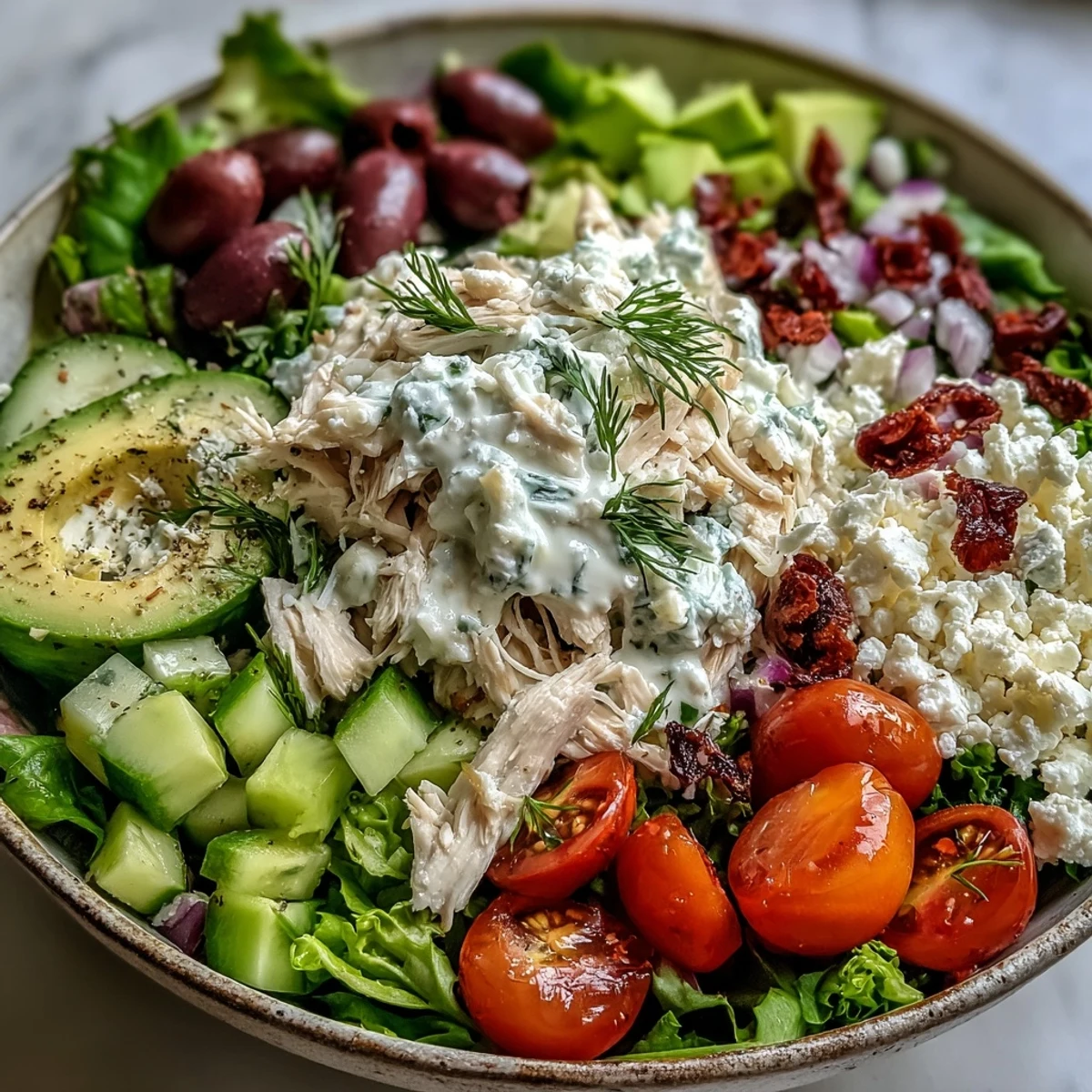Bright and cooling Tzatziki Chicken Salad mixed with shredded rotisserie chicken and Greek yogurt, perfect for meal prep or a healthy summer potluck.