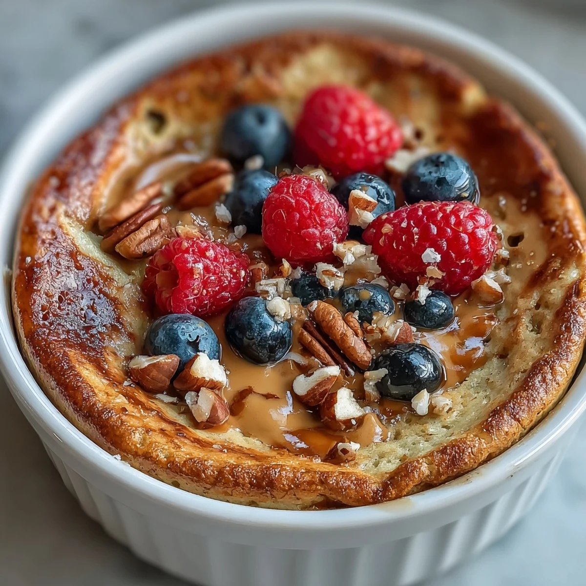 Freshly baked Baked Protein Pancake Bowl in a ramekin, topped with blueberries and a drizzle of maple syrup for a healthy single-serve breakfast.