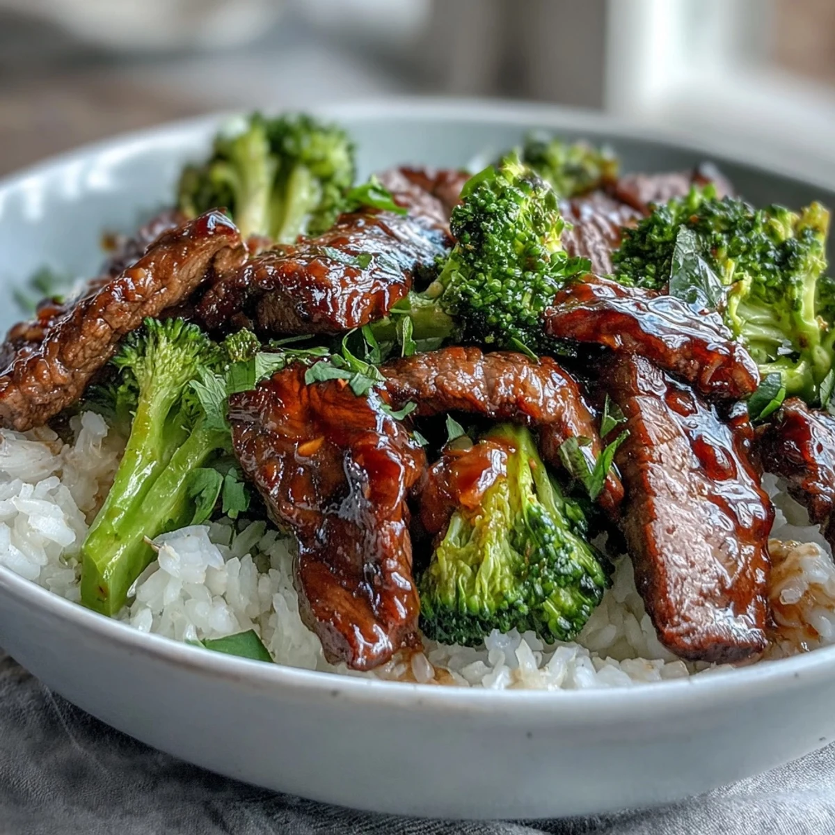 Steamed broccoli florets and tender beef strips coated in savory sauce over fluffy rice in a Beef and Broccoli Bowl.