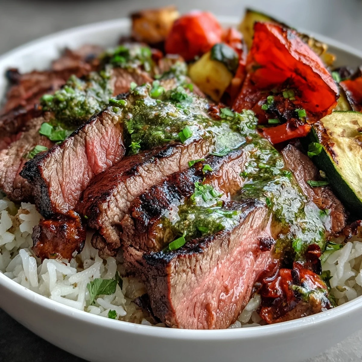 A hearty Grilled Steak Bowl featuring tender sliced steak, roasted vegetables, and zesty chimichurri on rice.