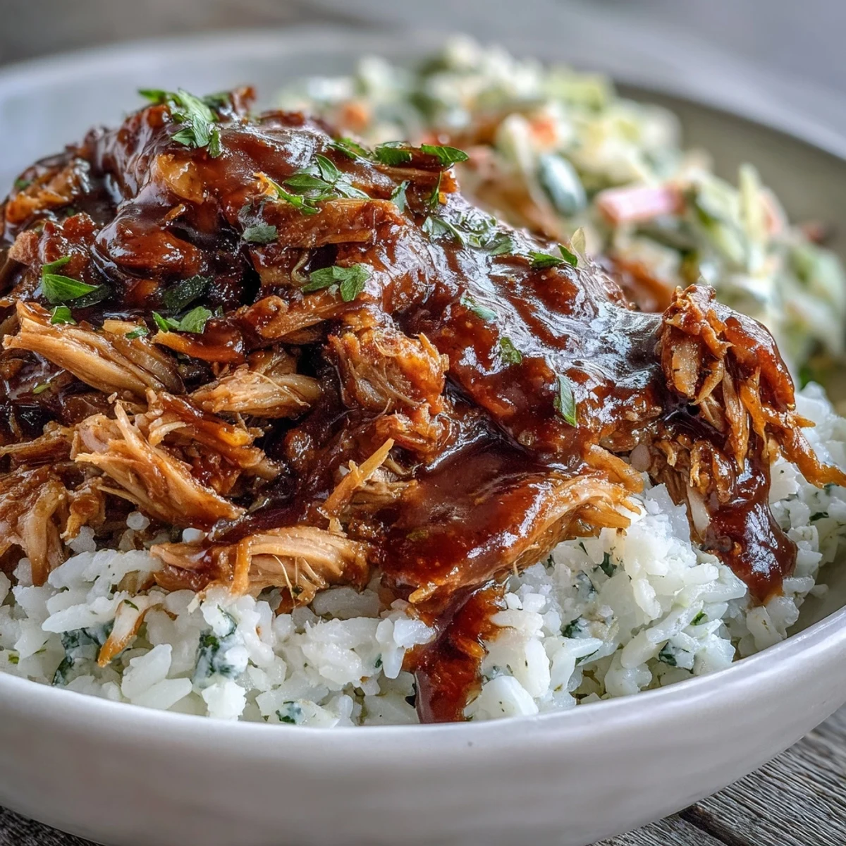 Tender slow-cooked pulled pork sits over fluffy rice in a hearty bowl, topped with tangy coleslaw and smoky BBQ sauce.