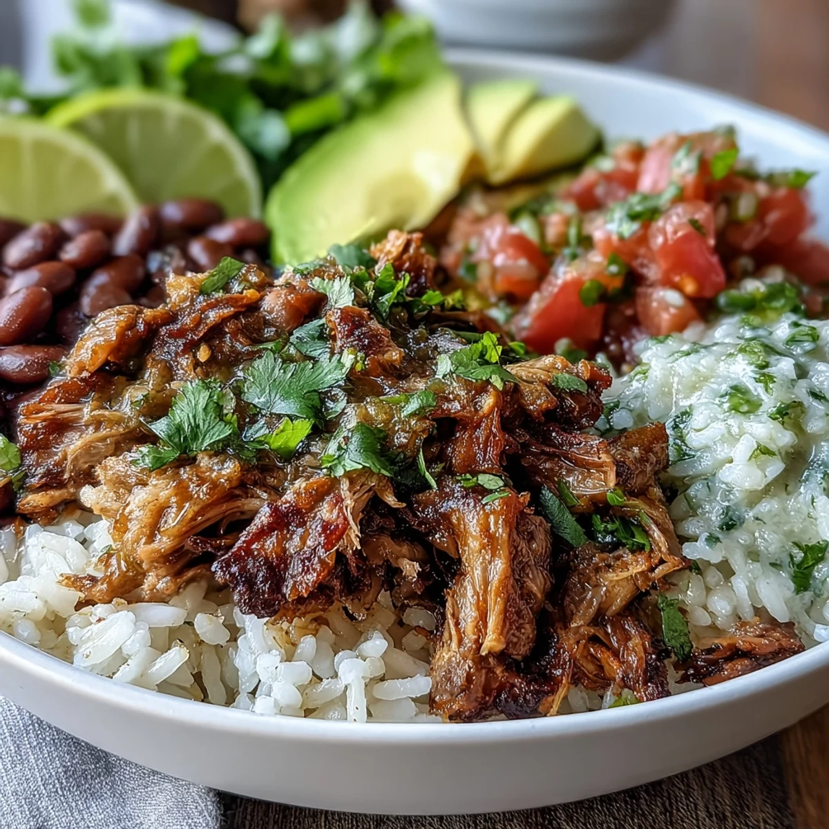 Hearty pork carnitas over white rice and beans, ready to customize with salsa.