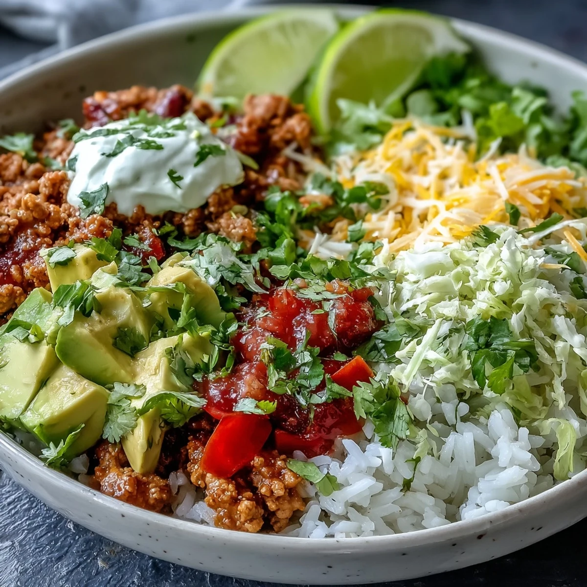 This colorful Turkey Taco Bowl features lettuce, sour cream, and fresh cilantro, served with lime wedges for a zesty squeeze.