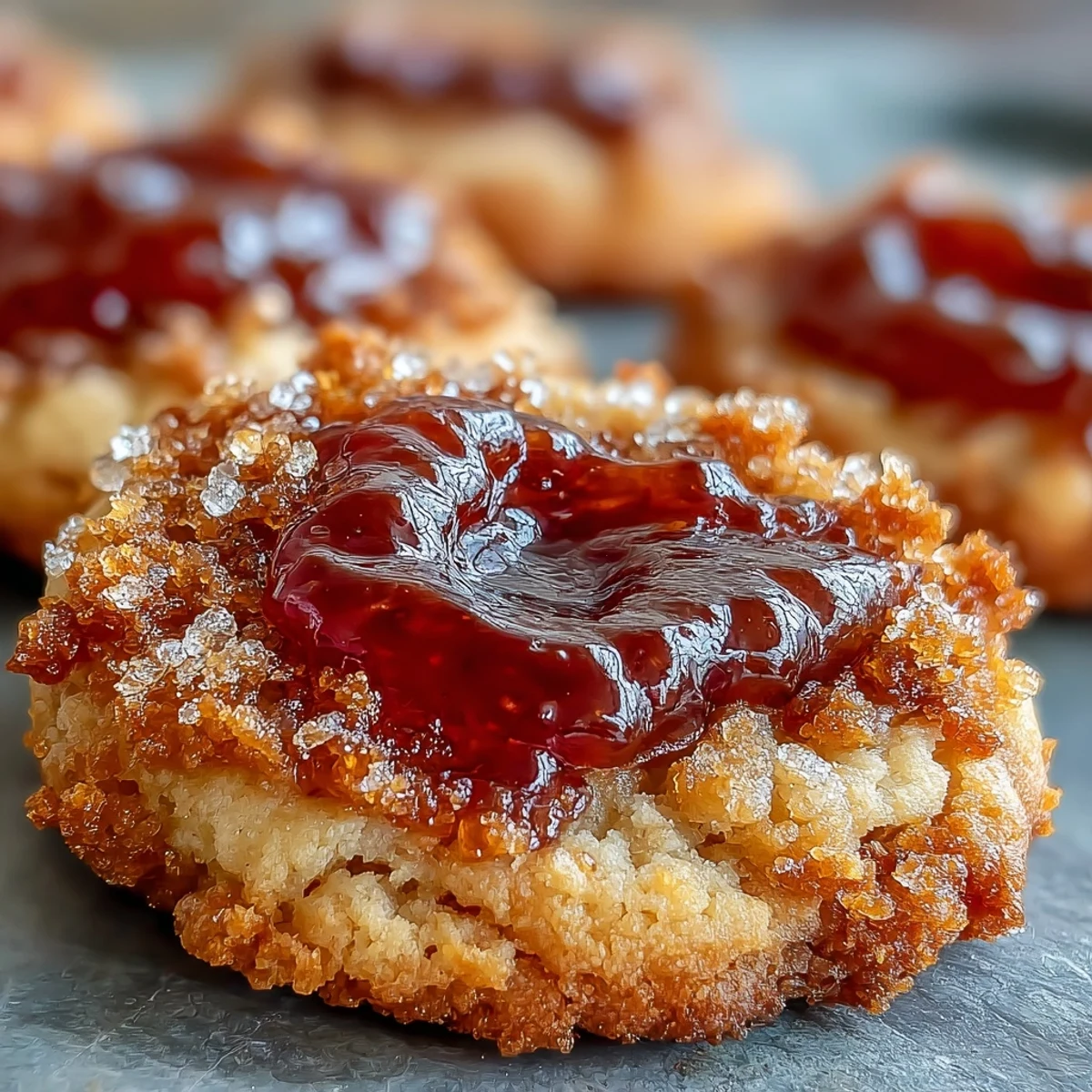 Four Guava Jam Thumbprint Cookies with crumbly edges and vibrant guava filling are plated with a glass of milk.