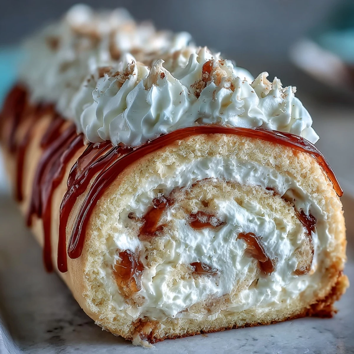 Homemade Brazo Gitano with golden toasted meringue, gooey guava paste center, and light vanilla sponge cake displayed on a marble board.