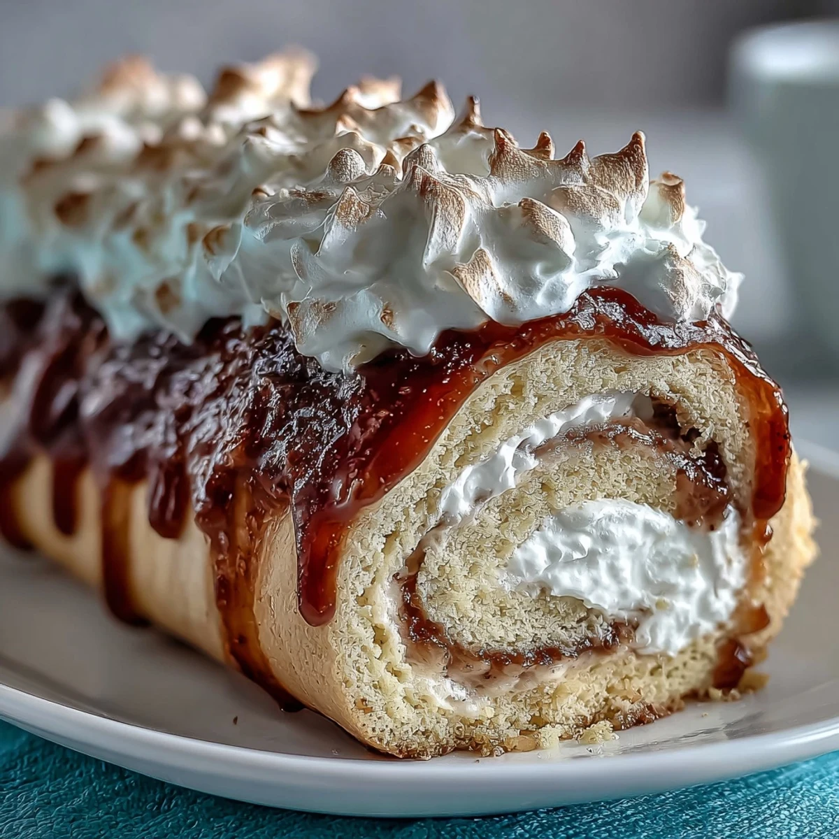A close look at a Homemade Brazo Gitano slice, showcasing the rolled pink guava filling and airy meringue topping next to coffee.