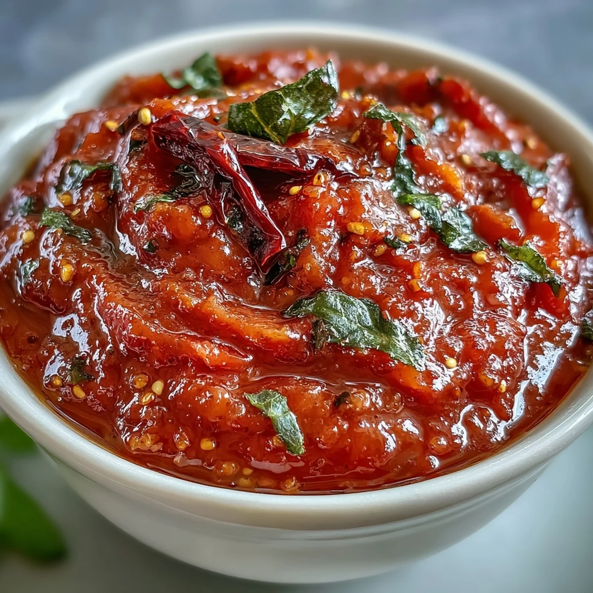 Spoonful of Guava Chutney over a warm idli, with a side of dosa, highlighting its sweet, tangy texture.