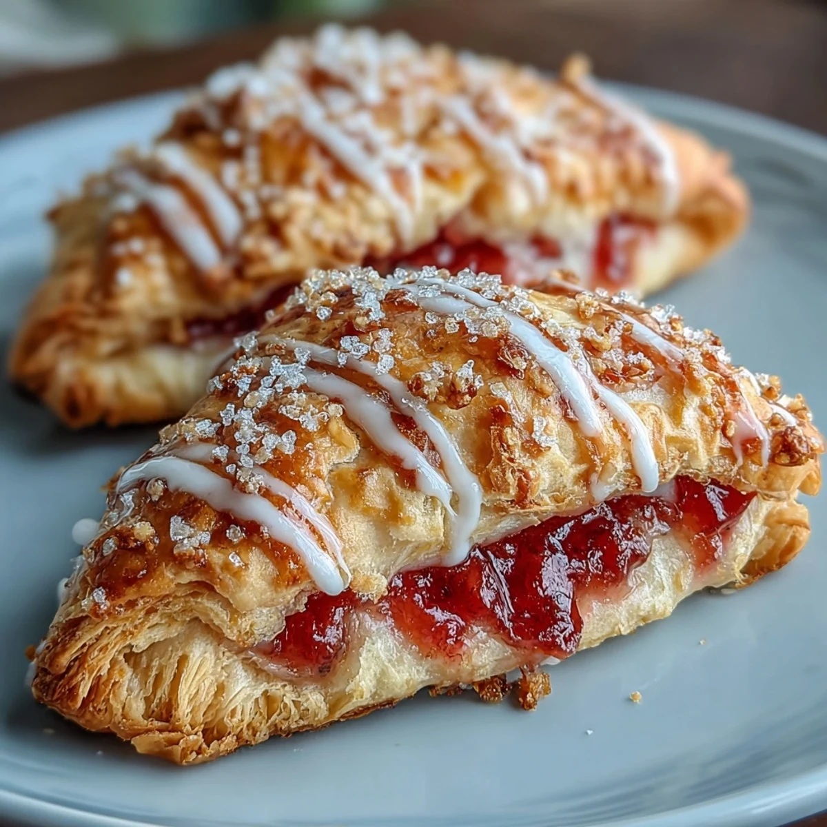Warm Guava and Cream Cheese Pastelitos on a white plate, cut open to show creamy cheese and vibrant pink guava paste.
