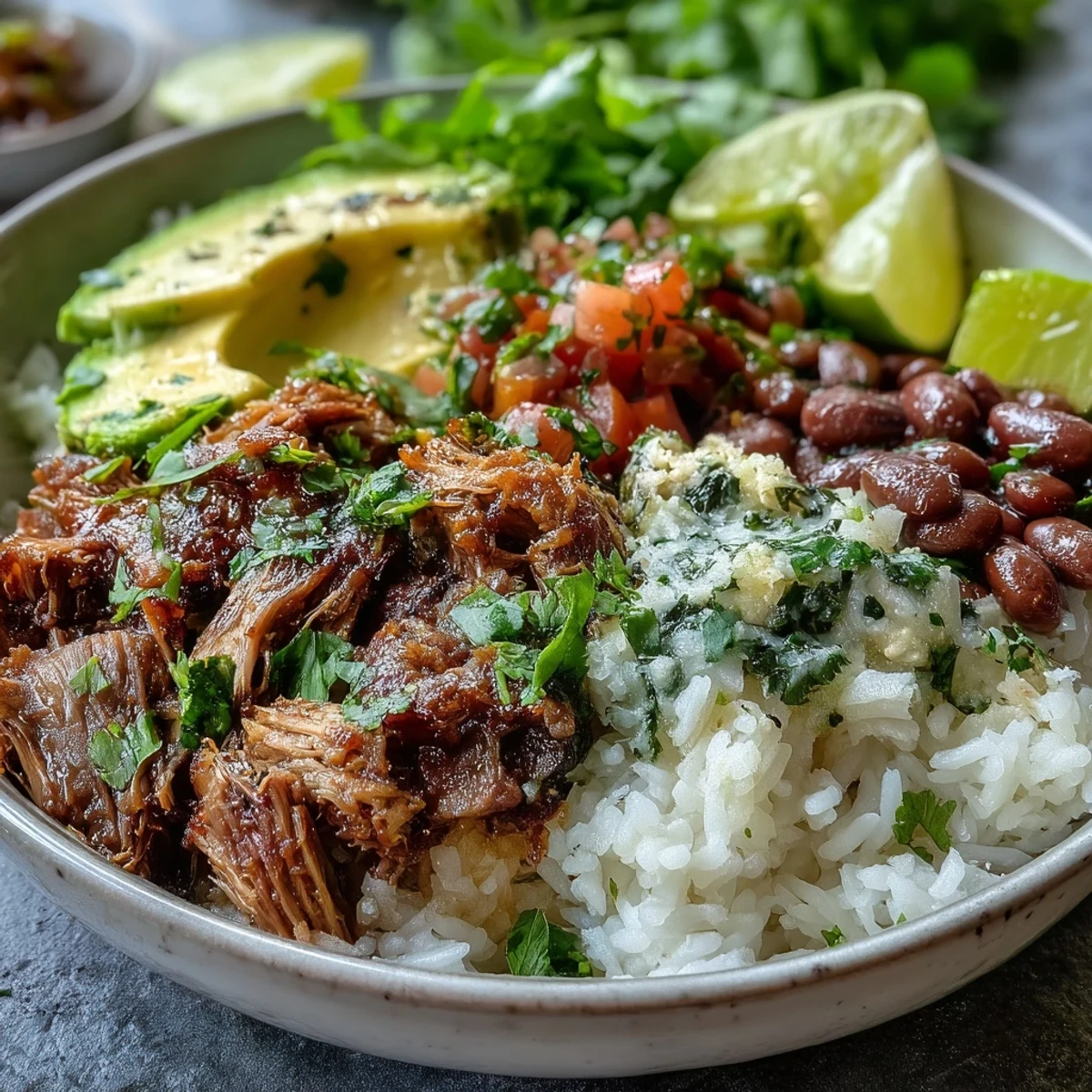 A vibrant carnitas bowl topped with creamy avocado slices, cilantro, and lime wedges.