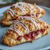 Warm Guava and Cream Cheese Pastelitos on a white plate, cut open to show creamy cheese and vibrant pink guava paste.