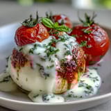 Caprese Skewers with Pesto Drizzle: Fresh tomato and mozzarella bites drizzled with vibrant basil pesto on small skewers.