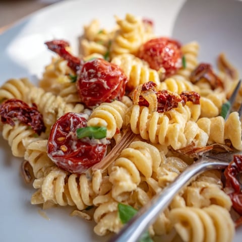 Creamy Baked Feta Pasta topped with sweet caramelized onions and fresh basil.