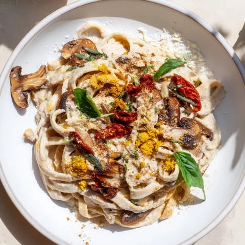 Creamy Vegan Marry Me Mushroom Pasta, featuring golden mushrooms, ready to serve, and fresh basil.