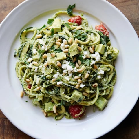 Fresh and creamy Green Goddess Zoodle Pasta, with vibrant zucchini noodles and a bright herby sauce.