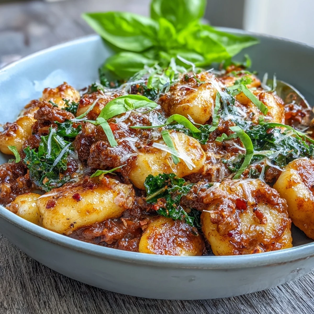 Golden brown spicy Italian sausage simmering in a rich tomato sauce with wilted kale and tender potato gnocchi, ready to serve.