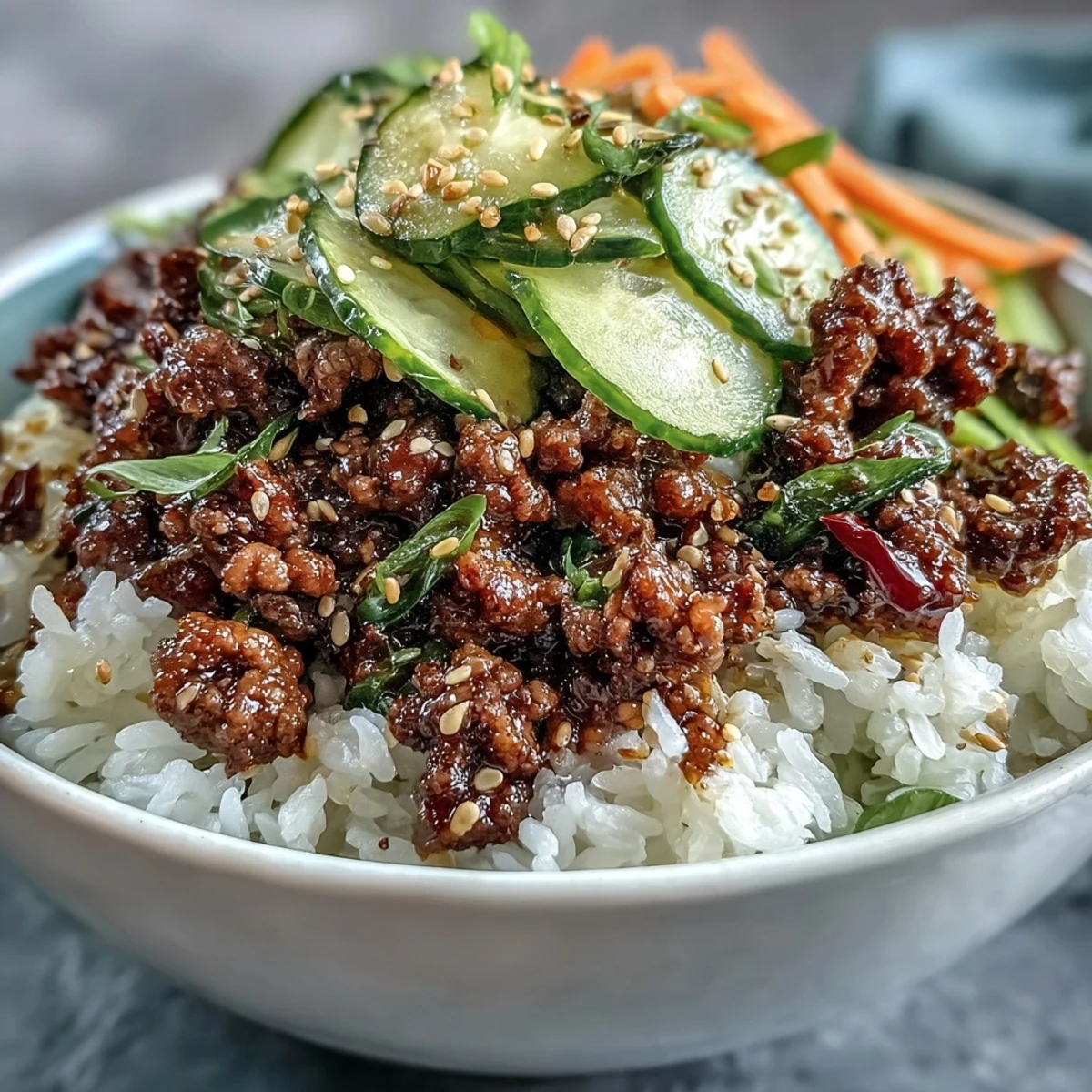 Vibrant Korean Ground Beef Bowl with fluffy rice and colorful, tangy quick-pickled vegetables for a quick weeknight dinner.