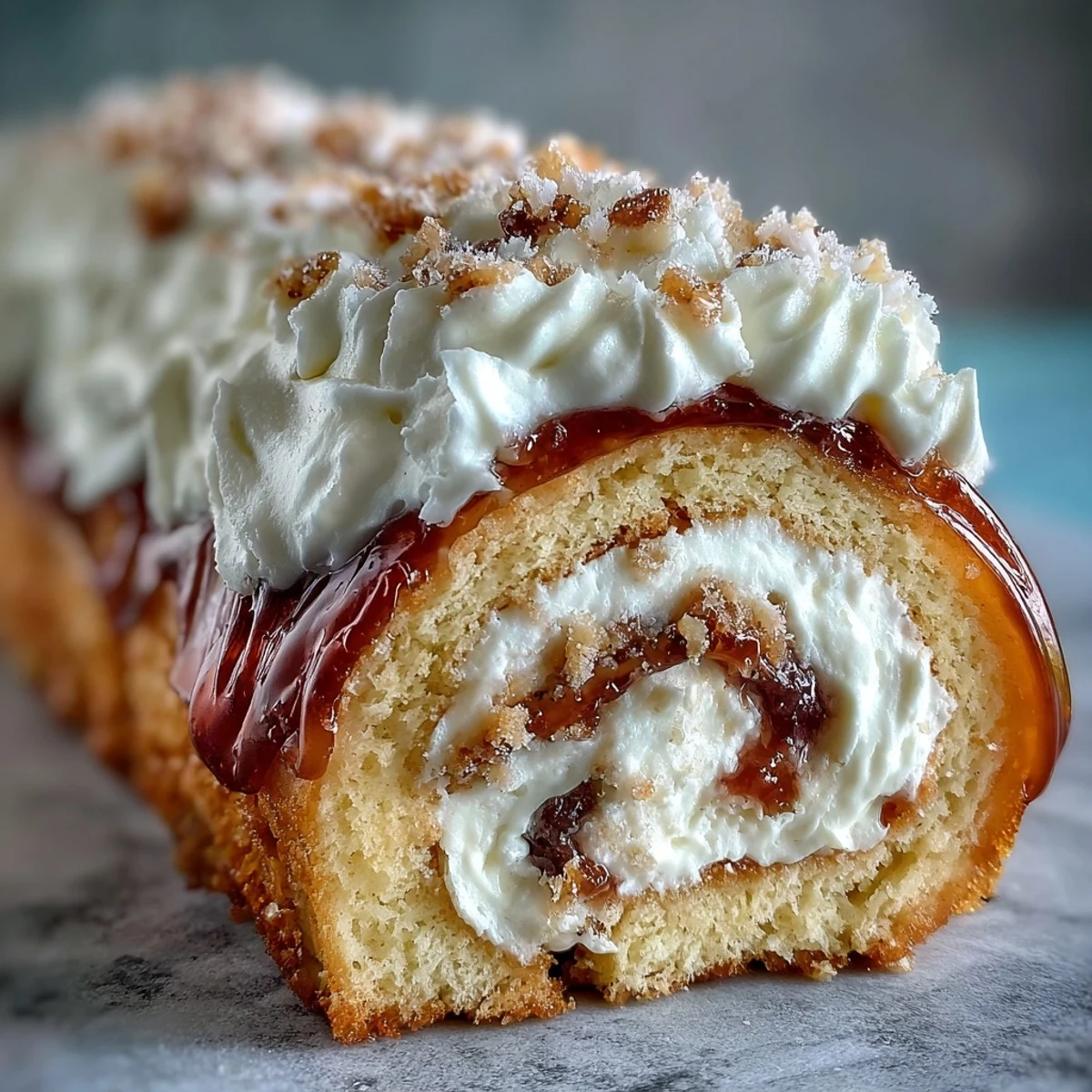 Freshly sliced Homemade Brazo Gitano reveals its fluffy meringue and vibrant guava filling, ready to be served on a dessert plate.