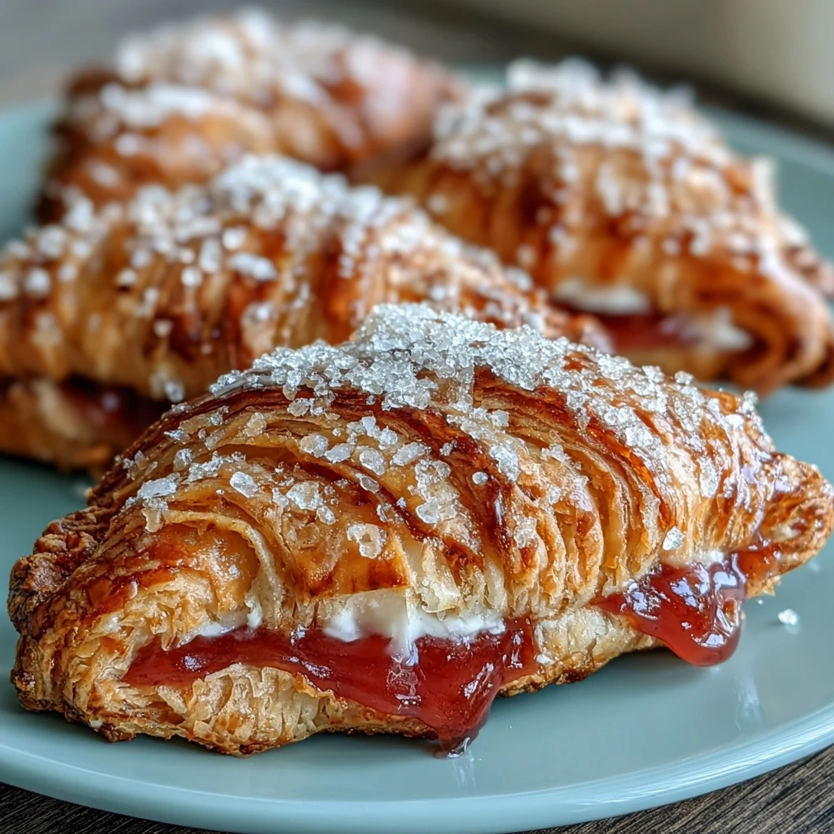 Freshly baked Guava and Cream Cheese Pastelitos with flaky, golden crusts and sweet, tangy filling on a rustic wooden board.